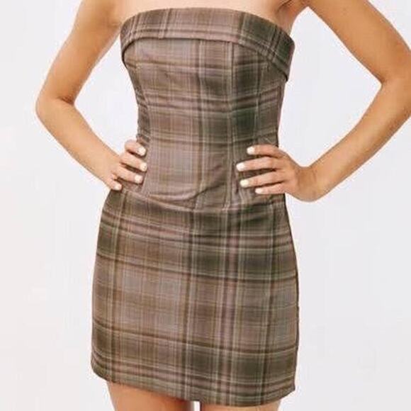 With Jean Chloe Corset Dress Brown Plaid Strapless Small - Picture 1 of 6